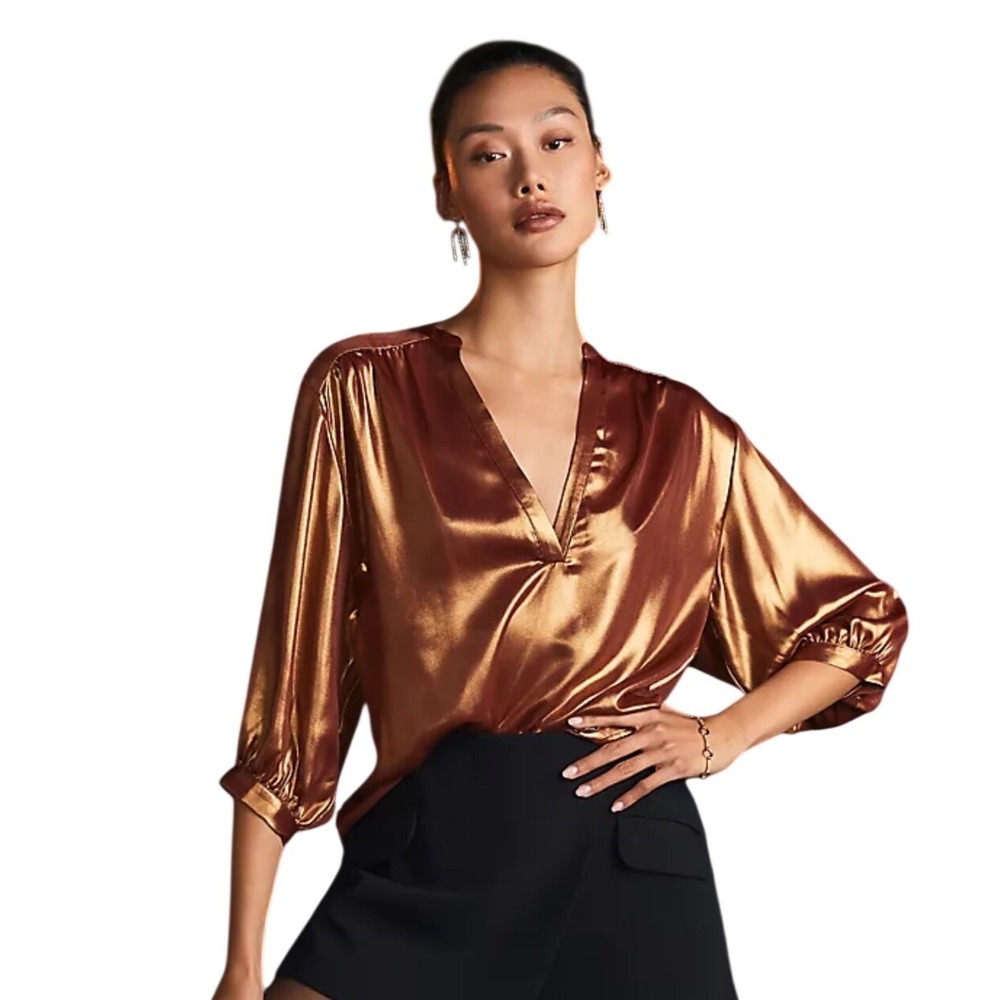 NWT By Anthropologie Metallic Foil Blouse Bronze Satin V-Neck Petite Size S